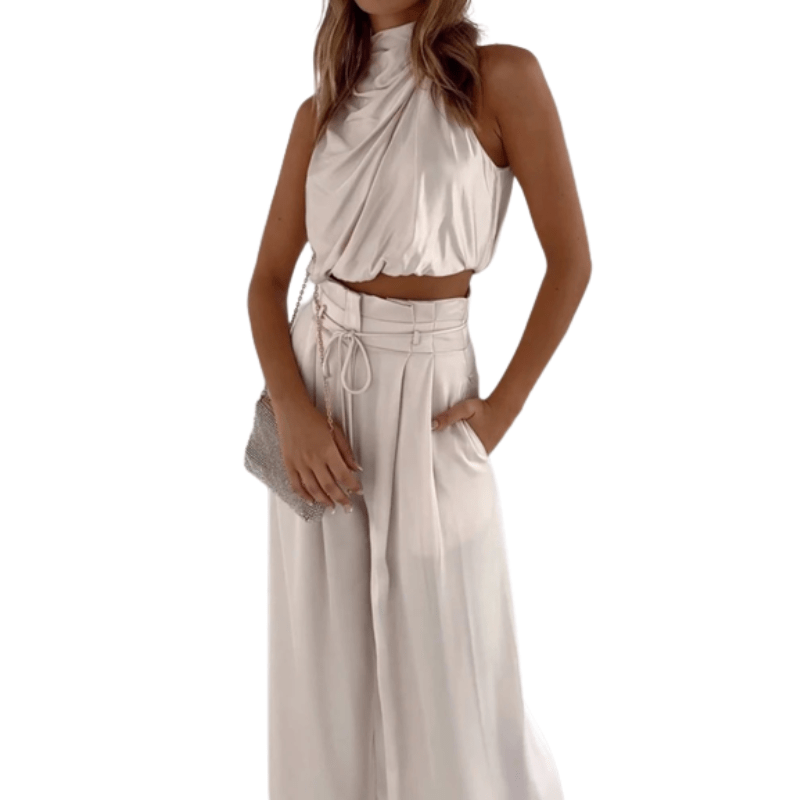 Drauuing Beige Two Piece Pants Sets Women Outfit Silk Pleated