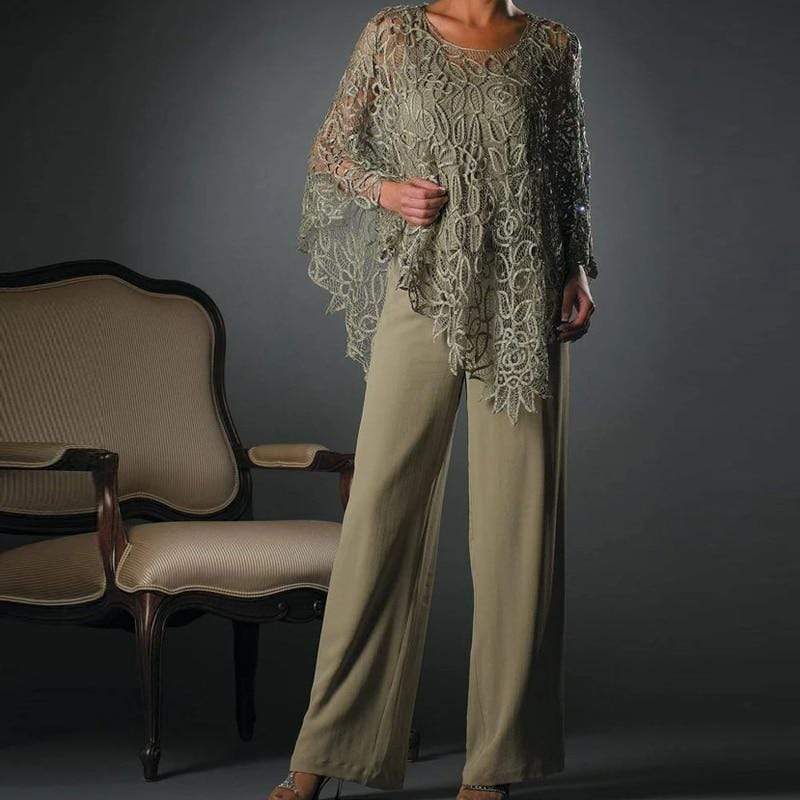 3 Piece Mother of the Bride Pant Suit with Irregular Lace Chiffon Jack Cap Point