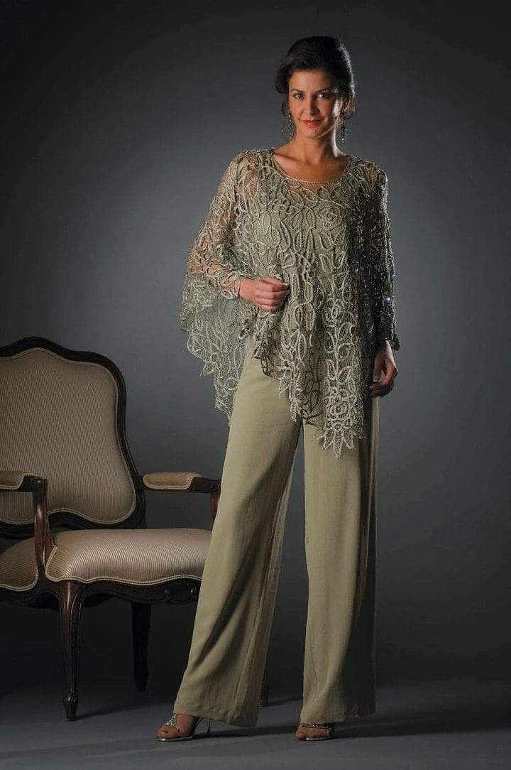 3 Piece Mother of the Bride Pant Suit with Irregular Lace Chiffon Jack Cap Point