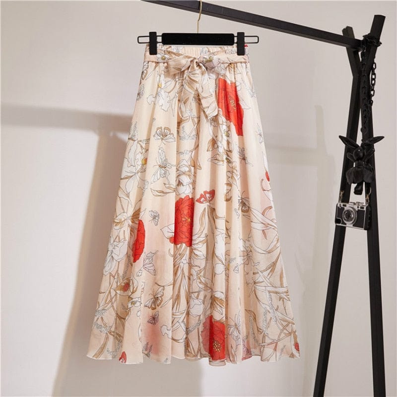 Cap Point 9 / Free size Belline Chiffon Floral Bohemian High Waist Maxi Skirt