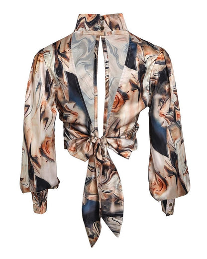 Cap Point Abstract Print Open Back Lantern Sleeve Cutout Blouse