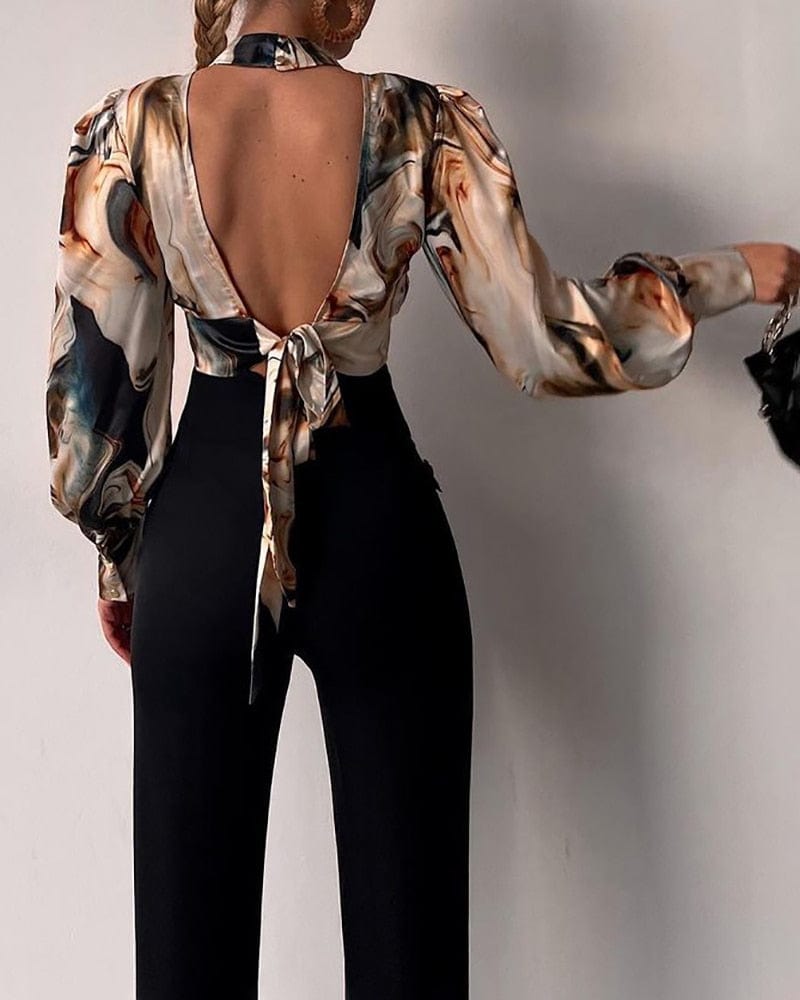 Cap Point Abstract Print Open Back Lantern Sleeve Cutout Blouse