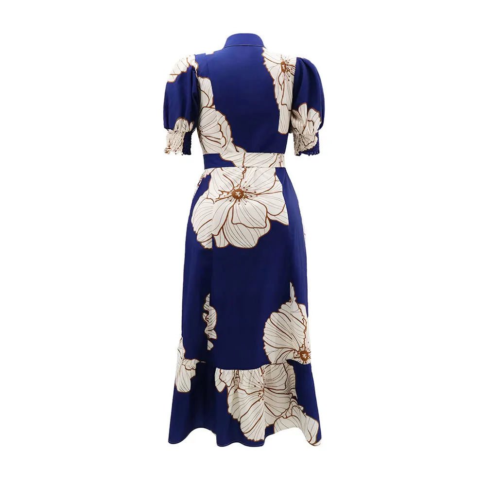 Cap Point Aimee Floral Printed Turn-down Collar Single Breasted Ruffles Hem Shirt Maxi Dress