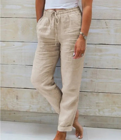 Cap Point Apricot / 4XL Ameline Cotton Linen High Elastic Waist Drawstring Pocket Beachwear Trousers