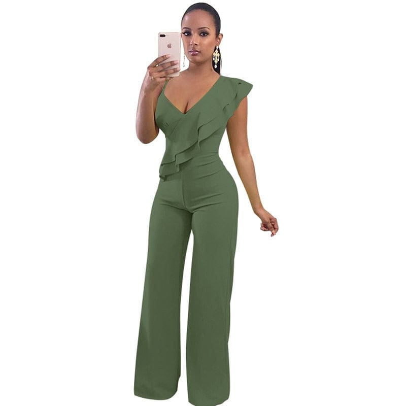 Cap Point Army Green / S Merlaine Ruffles Sexy Loose Long Pants Wide leg Jumpsuit