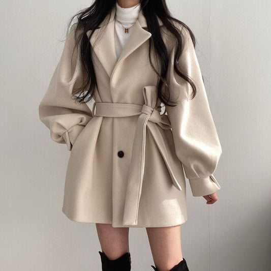 Cap Point beige / S Julienne Trendy Fashionable Wool Blend Chunky Waist V-Neck Coat