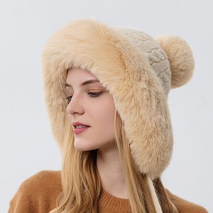 Cap Point Beige Thicken Plush Winter Warm Knitted Hat with Earflap
