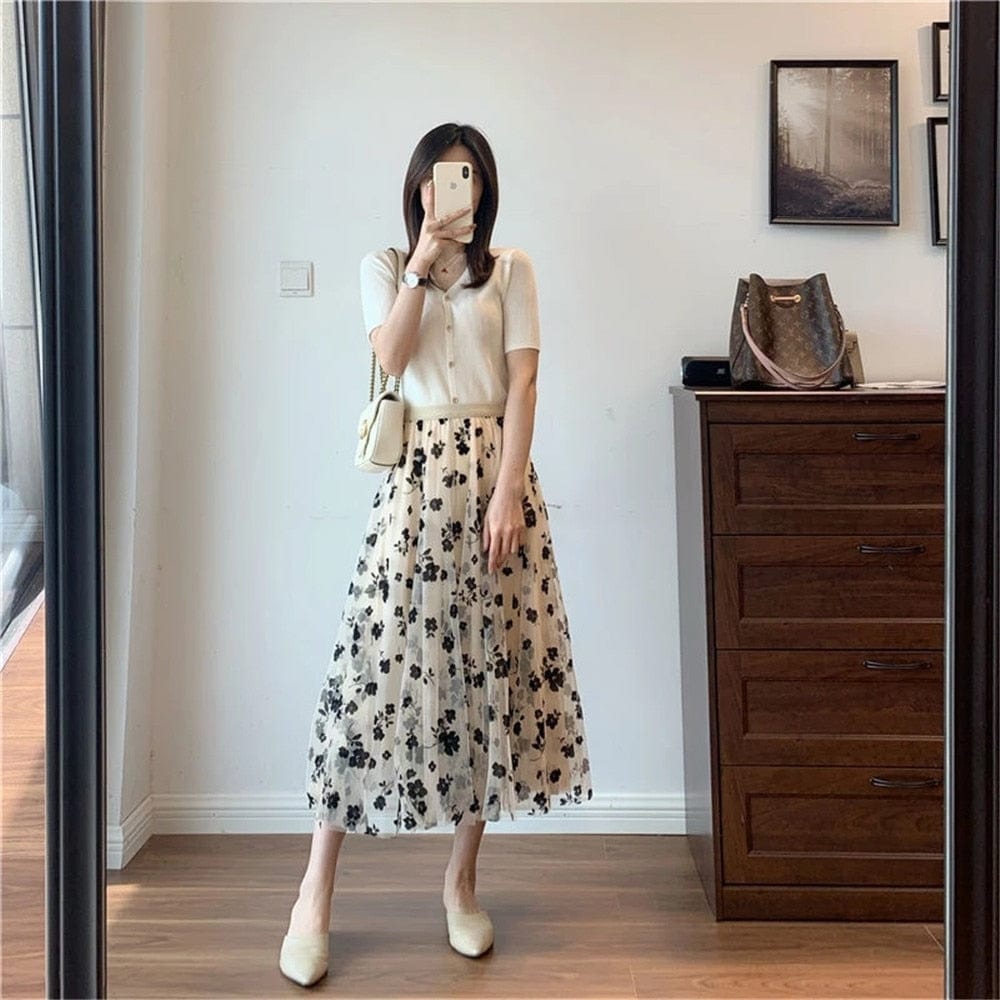 Cap Point Belline Mesh Floral Long Gauze Skirt High Waisted Puff Skirt