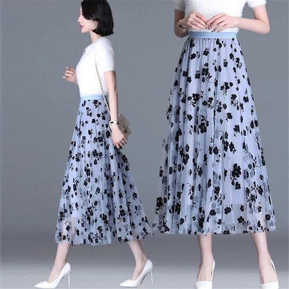 Cap Point Belline Mesh Floral Long Gauze Skirt High Waisted Puff Skirt