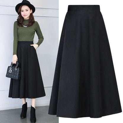 Cap Point Black 1 / S Nadia Winter Thick Warm Elastic A-Line Woolen Maxi Skirt