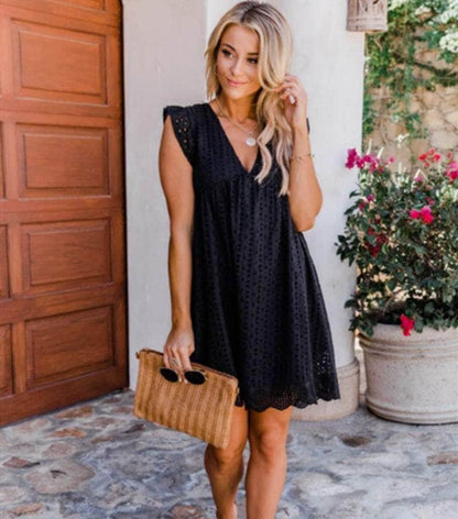 Cap Point Black / 2XL Agathe  Summer Sleeveless Jacquard Cutout V-Neck Beach Lace Dress