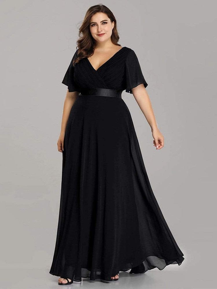 Cap Point Black / 4 Mileine Elegant Long Evening A Line V Neck Ruffles Chiffon Formal Wedding Party Dress