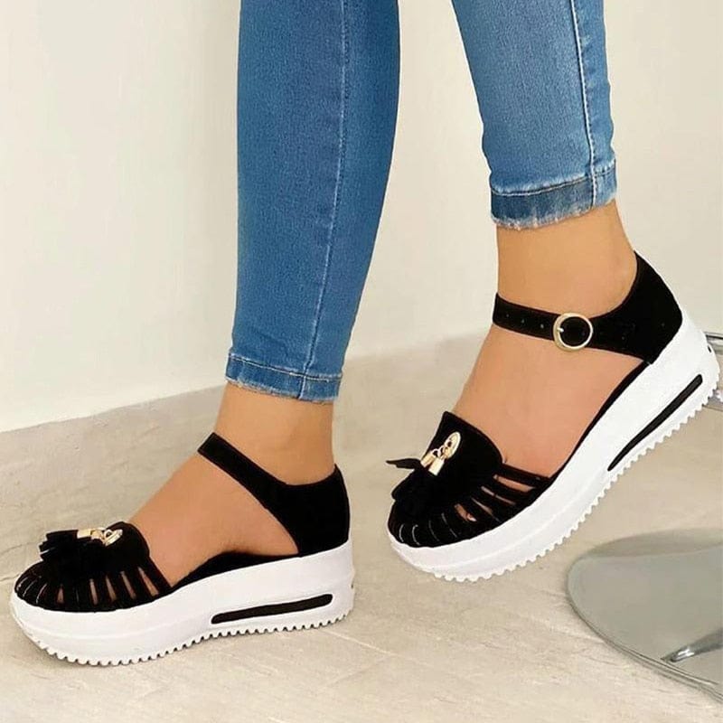 Cap Point black / 4 Summer Platform Hollow Out Round Toe Beach Flat Sandals