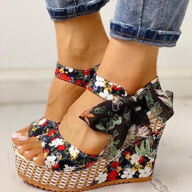 Cap Point Black / 5 Carole Dot Bowknot Design Platform Wedge Ankle Strap Open Toe Sandals