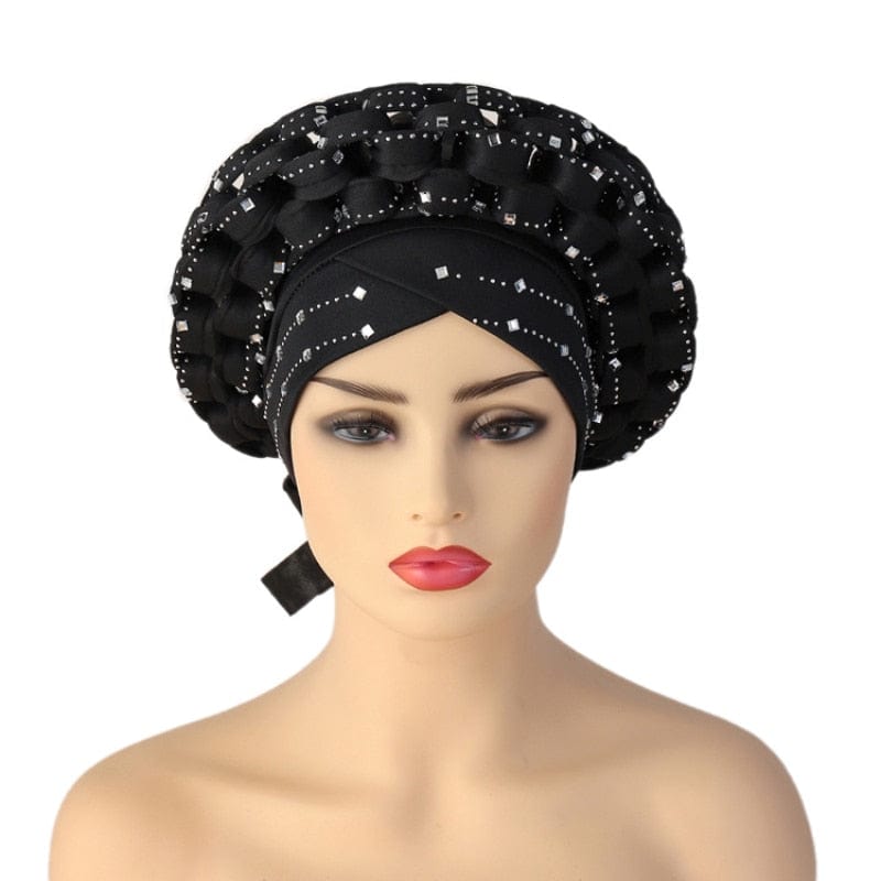 Cap Point Black / adjustable Diamonds African Pattern Pre-Tied Bonnet Turban Knot Headwrap