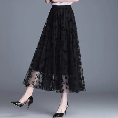 Cap Point Black / M Belline Mesh Floral Long Gauze Skirt High Waisted Puff Skirt