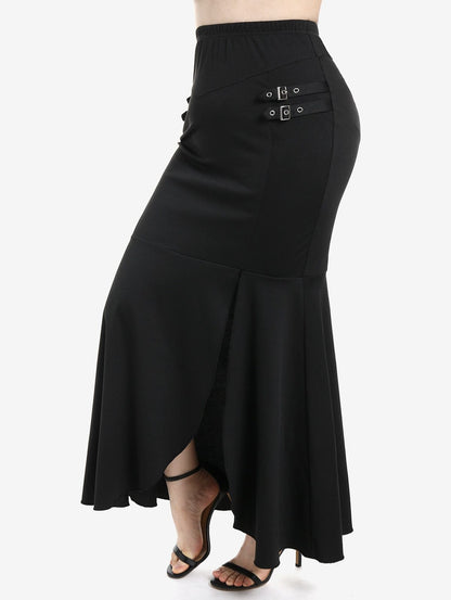 Cap Point Black / M Charmaine Buckles Slit Bodycon High Waisted Flounce Pull On Skirt