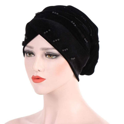 Cap Point black New Solid Pearl Beaded Turban Head Scarf