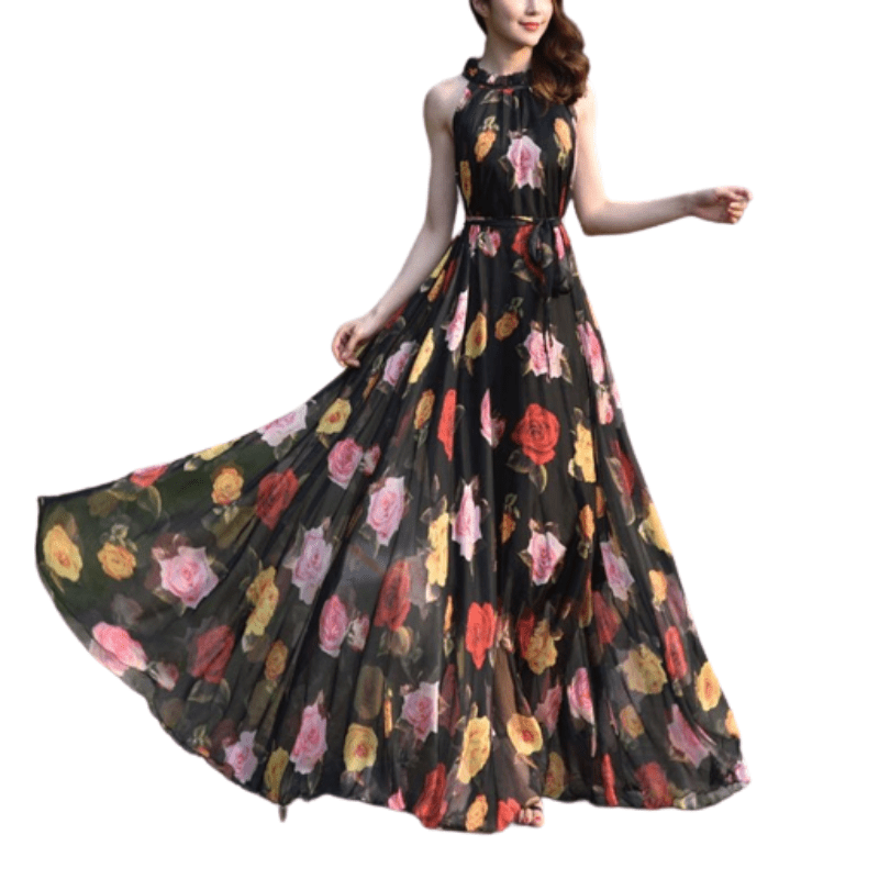 Cap Point black / S Everly Floral Elegant Chiffon Sleeveless Strap Maxi Dress