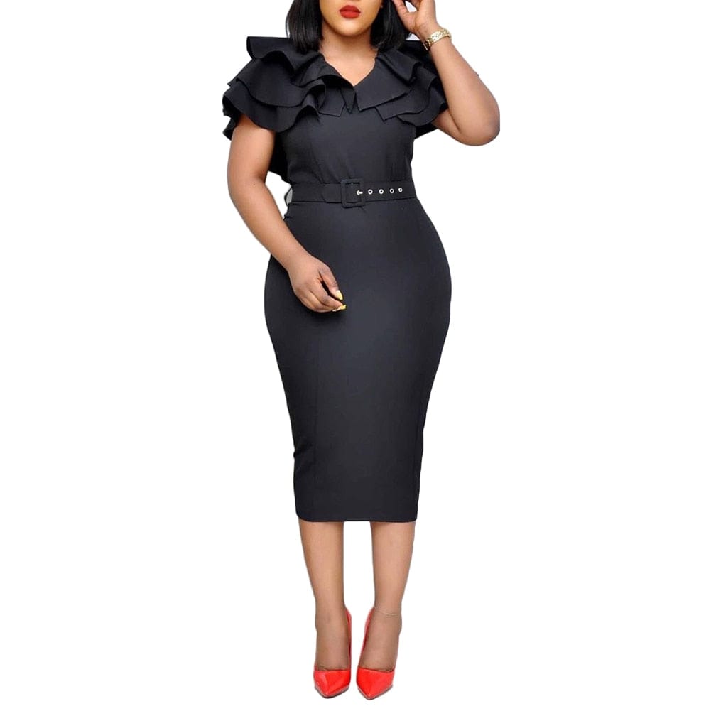 Cap Point black / S Fashion V Neck Short Ruffled Sleeve Belt Bodycon Midi Dress