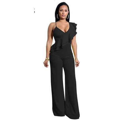 Cap Point Black / S Merlaine Ruffles Sexy Loose Long Pants Wide leg Jumpsuit