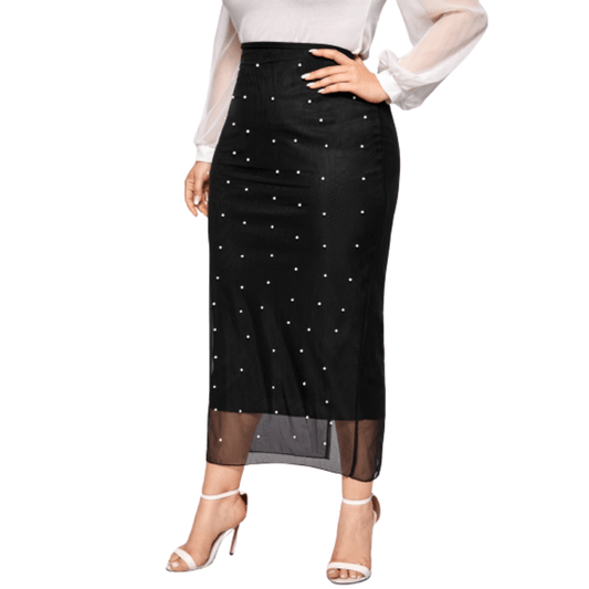 Cap Point Black / S Prisca Beads High Waist Slim Mesh Modest Classy Pencil Skirt