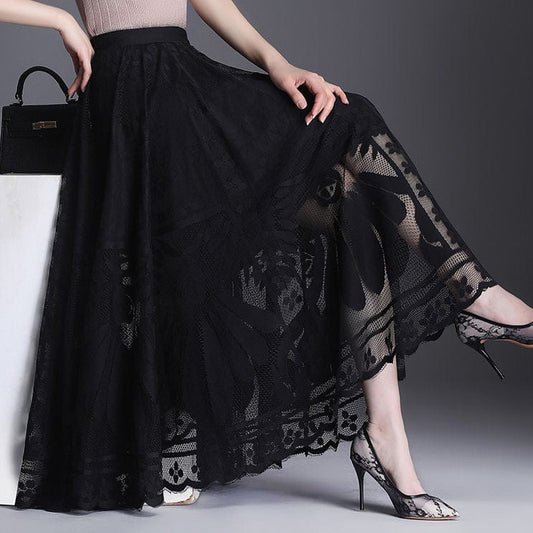 Cap Point Black / S Schomie Lace Big Swing Gauze Hollow Pleated Skirt