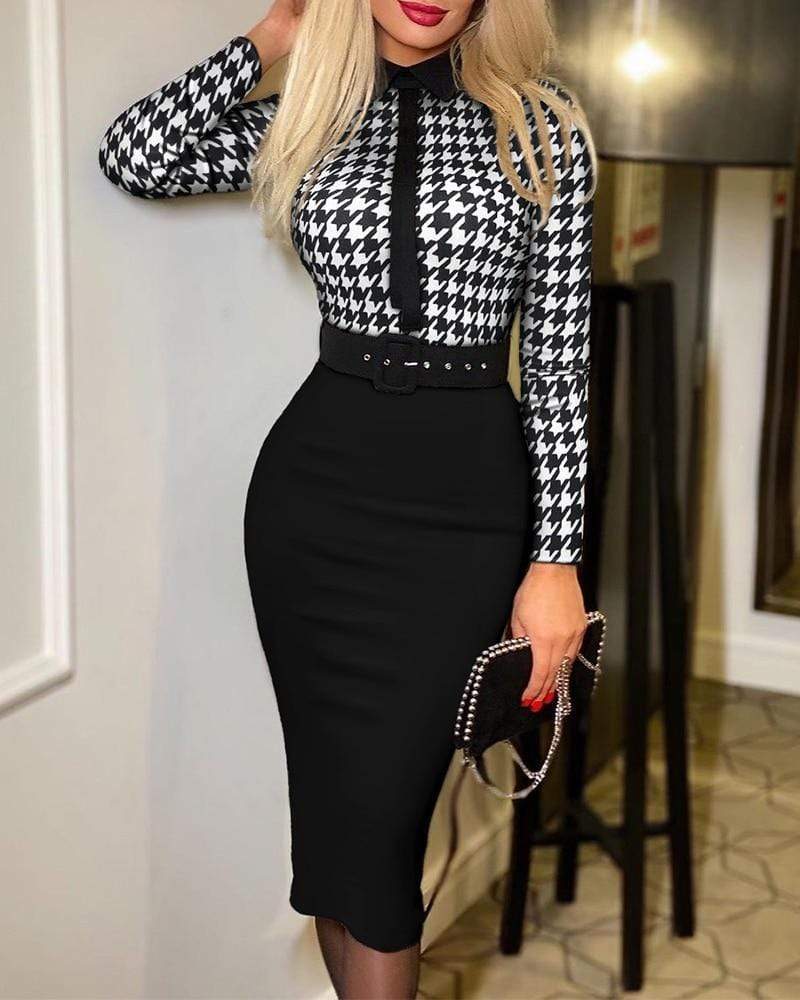 Cap Point Black Style / S Houndstooth V-Neck Bodycon Work Dress with Belt