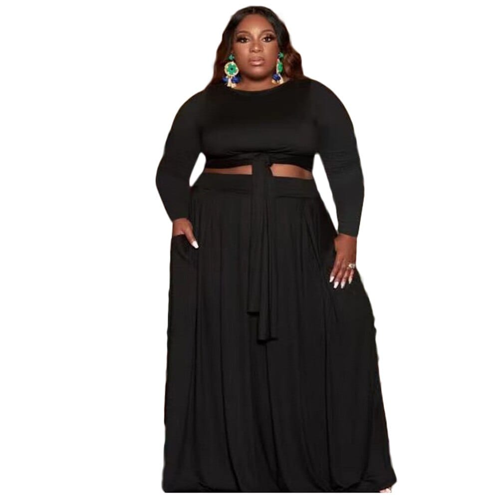 Cap Point Black / XL Allegra Plus Size 2 Piece Tall Waist Long Sleeve Maxi Skirt