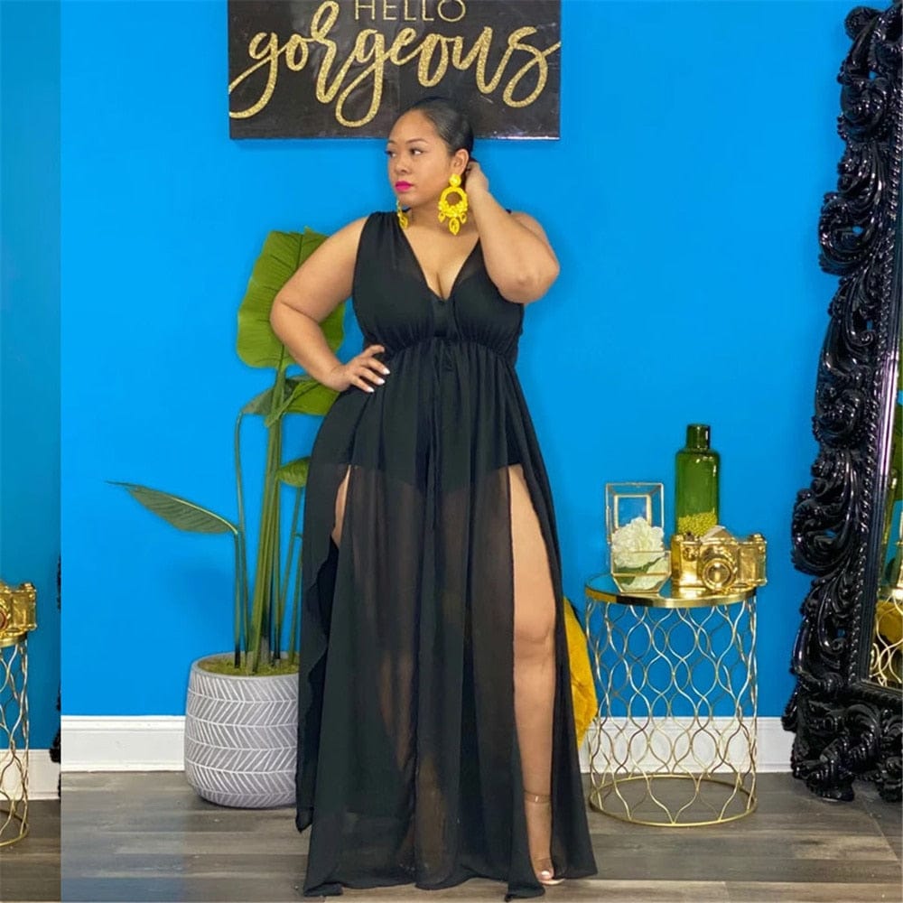 Cap Point Black / XL Carline Plus Size Sexy Half Open Collar Lace-up See Through Split Fork Mesh Maxi Dress