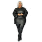 Cap Point black / XL Crew Neck Long Sleeve Leather Top and Pants Set