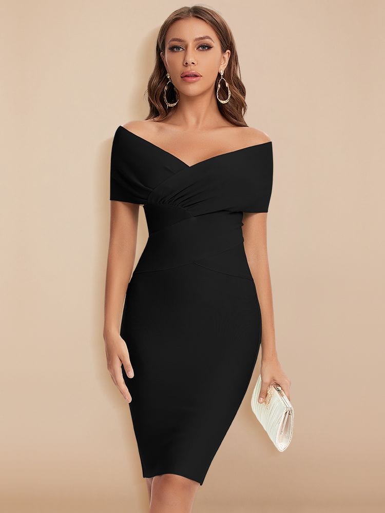 Celia Off Shoulder V Neck Sheath Knee Length Bandage Club Party Dress Cap Point