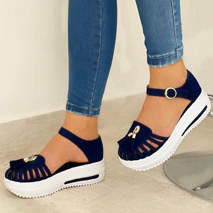 Cap Point Blue / 4 Summer Platform Hollow Out Round Toe Beach Flat Sandals