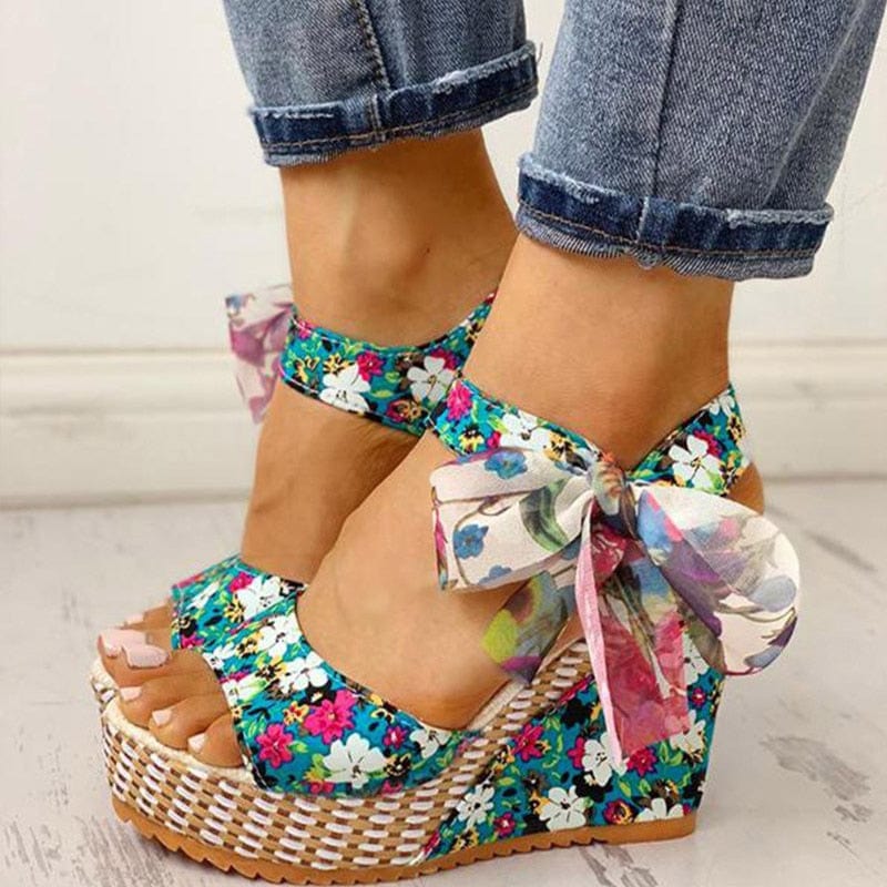 Cap Point blue / 5 Carole Dot Bowknot Design Platform Wedge Ankle Strap Open Toe Sandals