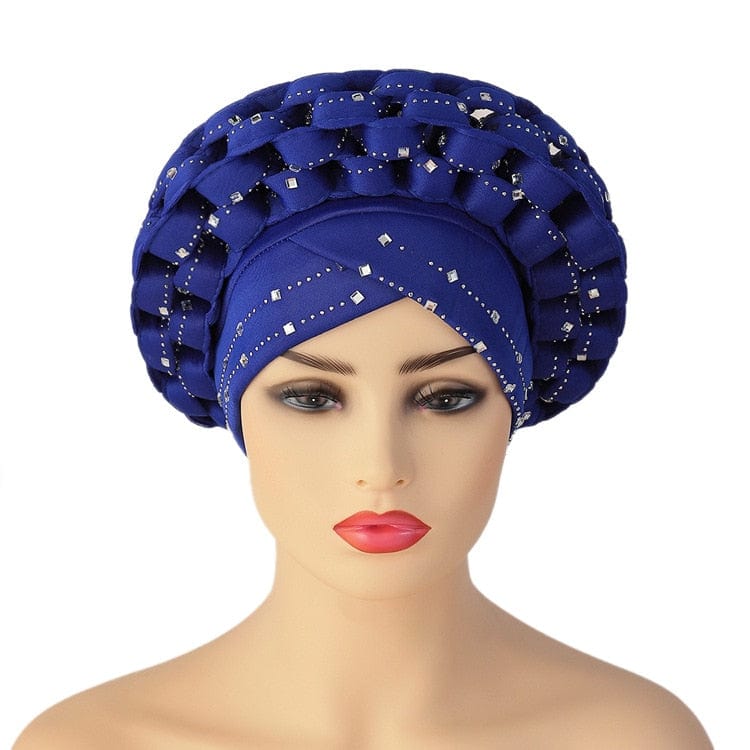 Cap Point Blue / adjustable Diamonds African Pattern Pre-Tied Bonnet Turban Knot Headwrap