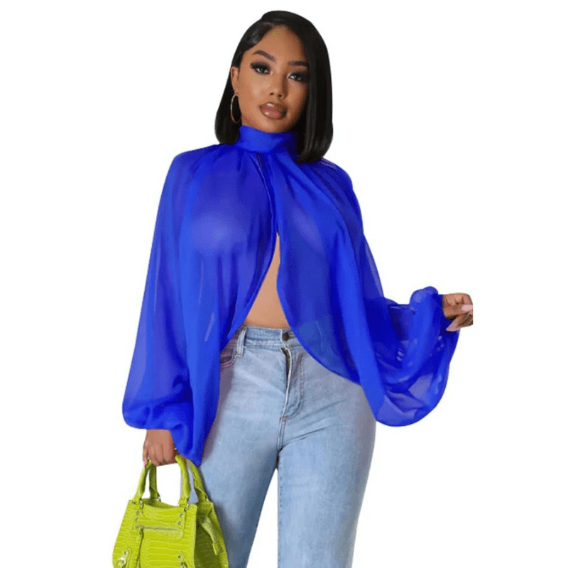 Cap Point Blue / L Aimee Sleeve Chiffon Split Blouse