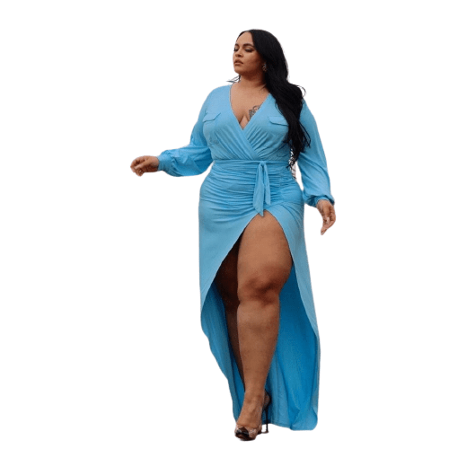 Cap Point Blue / L Plus Size Solid Bandage Slit Stretch Neckline Sexy Evening Dress