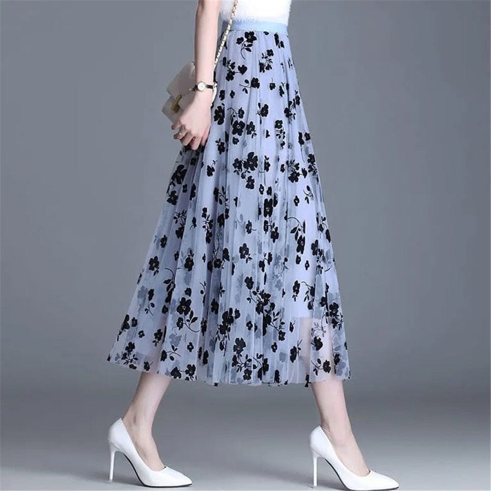 Cap Point Blue / M Belline Mesh Floral Long Gauze Skirt High Waisted Puff Skirt