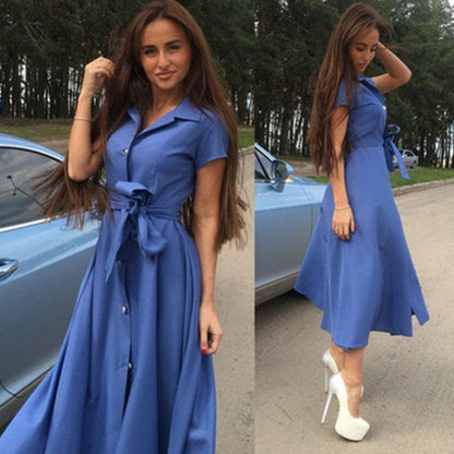 Cap Point blue / S Okeleye Elegant Short Sleeve Lace Up Turn-down Collar Long Party Shirt Dress