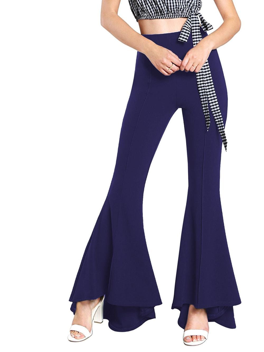 Cap Point Blue / S Phinea Bell Bottom Wide Leg Flare Stretch High Waist irregular Palazzo Pants