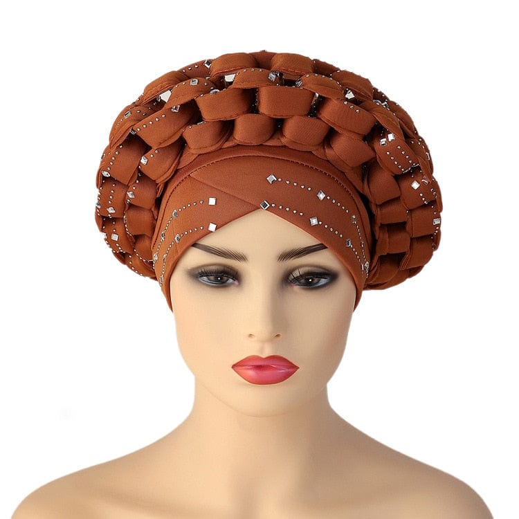 Cap Point Brown / adjustable Diamonds African Pattern Pre-Tied Bonnet Turban Knot Headwrap