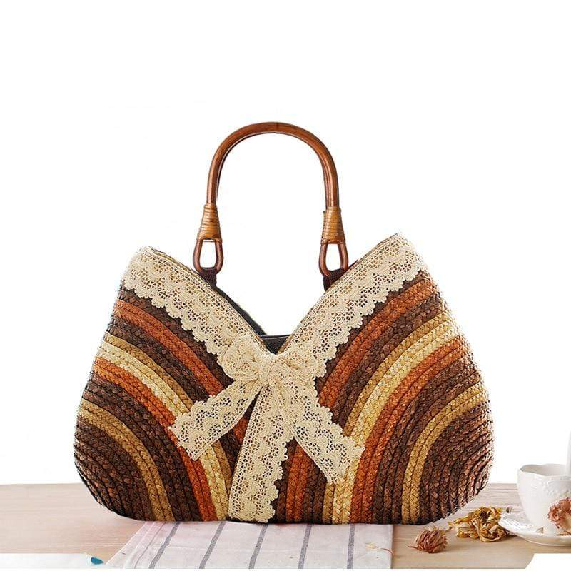 Cap Point Brown / One size Fashion Lace Bow Straw Weave Rattan Handbag