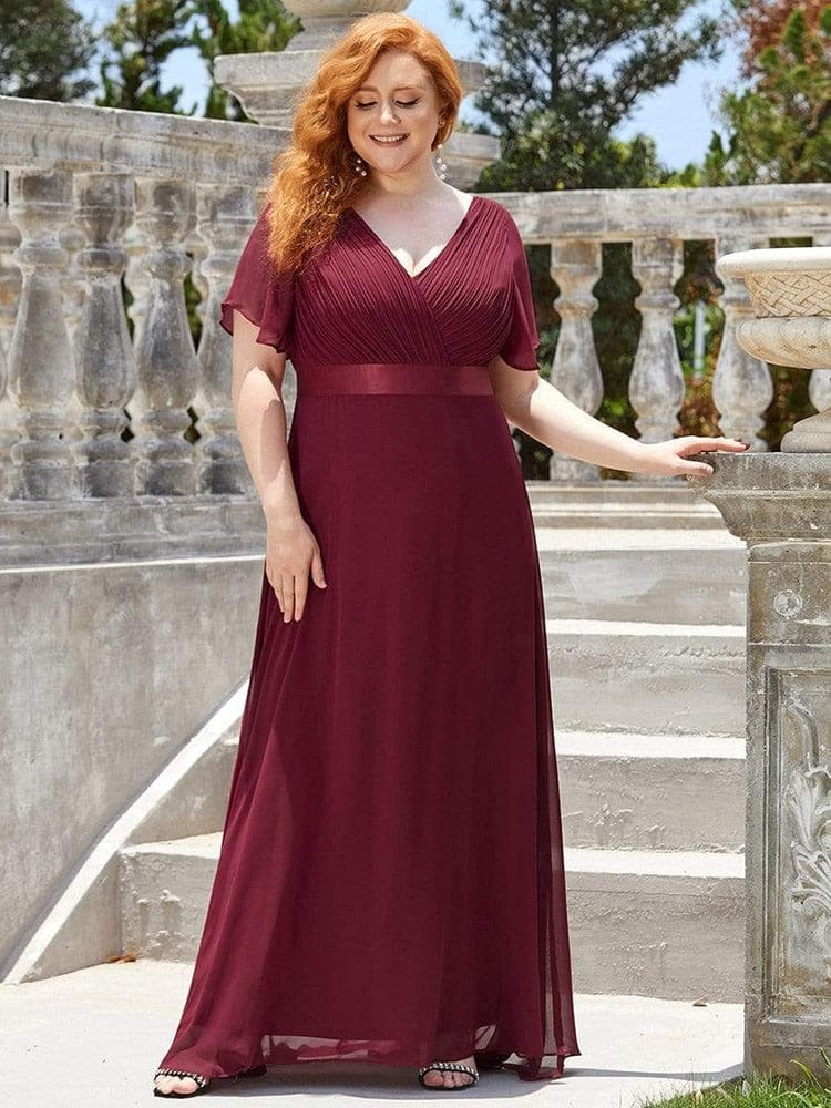 Cap Point Burgundy / 4 Mileine Elegant Long Evening A Line V Neck Ruffles Chiffon Formal Wedding Party Dress