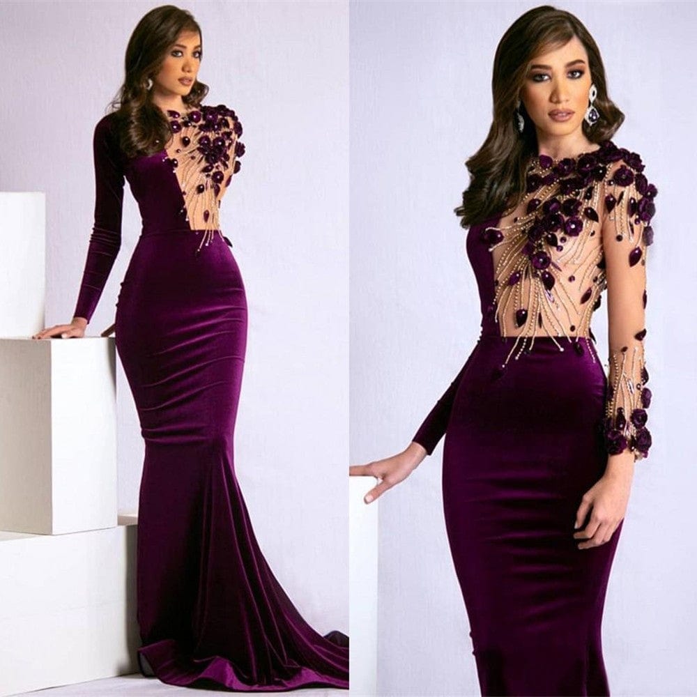 Cap Point Burgundy / 6 Josephine Mermaid Velvet Long Sleeve 3D Flowers Prom Evening Dress