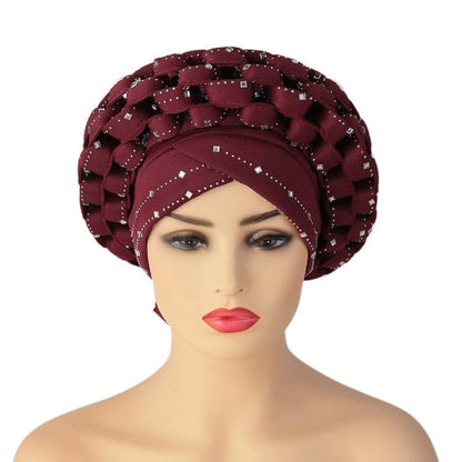 Cap Point Burgundy / adjustable Diamonds African Pattern Pre-Tied Bonnet Turban Knot Headwrap