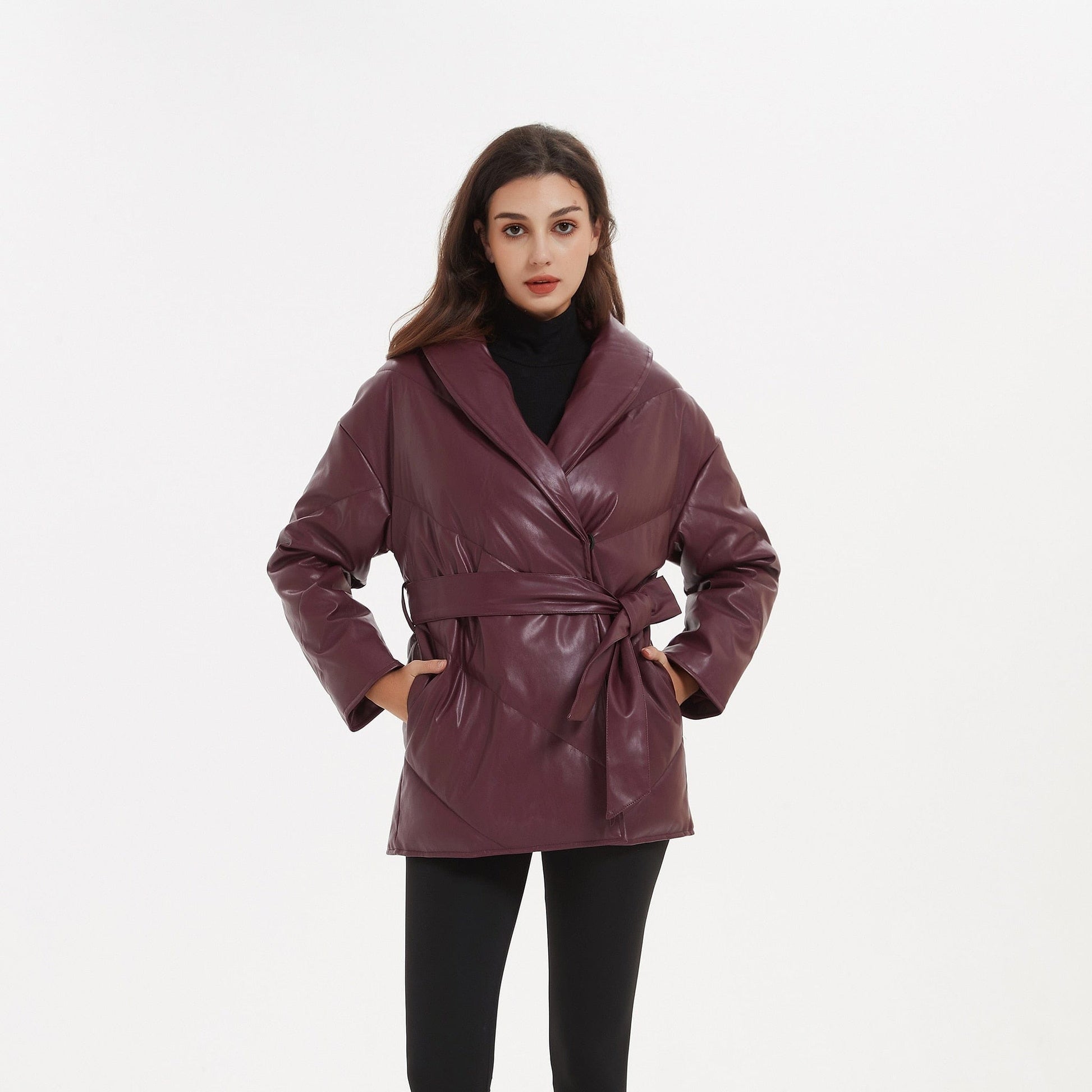 Cap Point Burgundy / S Emery Autumn Winter Elegant Tie Belt Parkas Loose PU Leather Coat