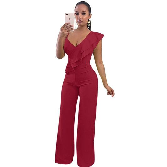 Cap Point Burgundy / S Merlaine Ruffles Sexy Loose Long Pants Wide leg Jumpsuit