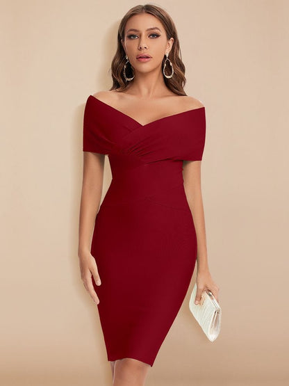 Cap Point Burgundy / XS Celia Off Shoulder V Neck Sheath Knee Length Bandage Club Party Dress