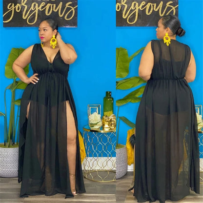 Cap Point Carline Plus Size Sexy Half Open Collar Lace-up See Through Split Fork Mesh Maxi Dress