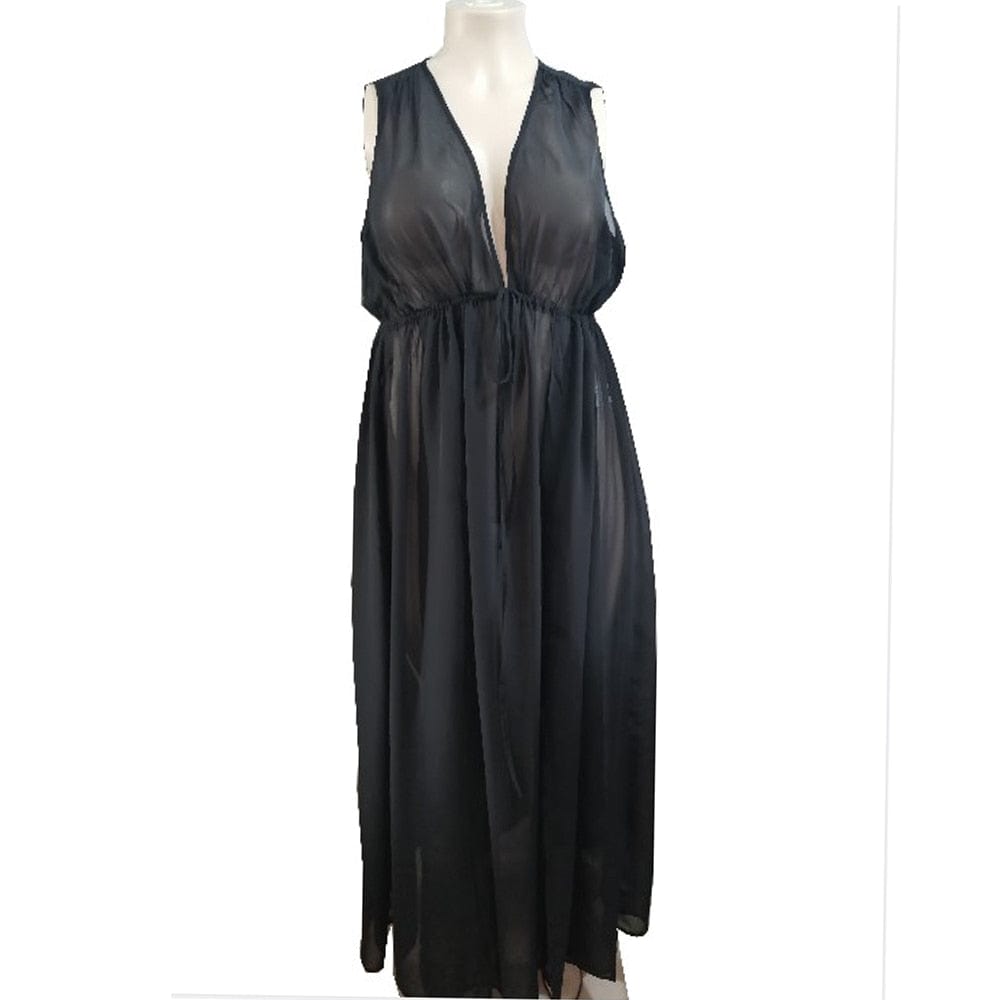 Cap Point Carline Plus Size Sexy Half Open Collar Lace-up See Through Split Fork Mesh Maxi Dress